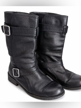 Kenneth Cole Reaction Black Mid-Calf Riding Boots Buckle Strap Low Heel Size 8.5
